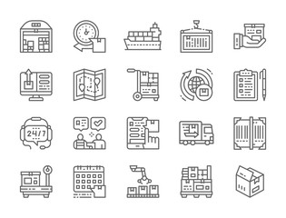 Set of Logistics and Delivery Line Icons. Warehouse, Cargo, Container and more.