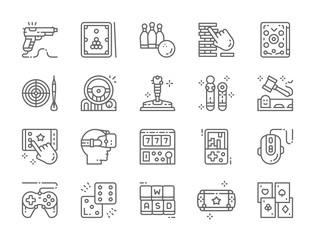 Set of Game Line Icons. Billiards, Bowling, Pinball, Darts, Joystick and more.
