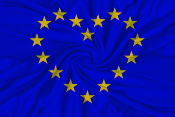 EU flag on silk texture, stars in the form of heart