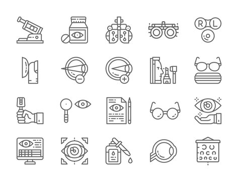 Set of Optometry Line Icons. Vitamins, Optical Clinic, Eye Surgery and more.