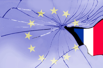 light blue EU flag on the texture of broken into sharp fragments of translucent glass with a separate fragment of the flag of France, the concept of a country exit from the EU