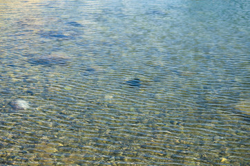 Abstract sea background, view on ripple surface of water, stone bottom underwater