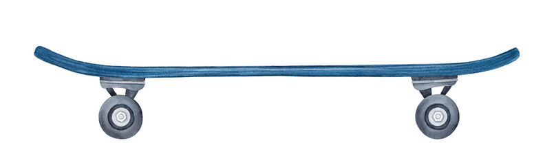 Side view of dark blue empty skateboard. One single object. Symbol of fast movement, freedom, excitement, trip, summertime fun. Handdrawn watercolour sketchy painting, cutout clip art for design. © Julija