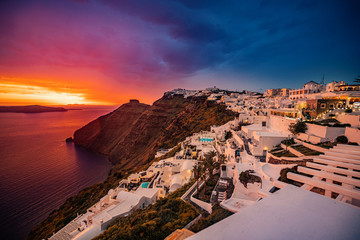 Unique Sunset Colors at Santorini Island,  Greece, one of the most beautiful travel destinations of the world.