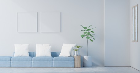 Empty living room with white wall and light blue sofa, Two blank posters on white wall, 3D Rendering