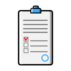 Document with abstract text signed and stamped, a medical form with a questionnaire and a medical history with a clip, icon on a white background. Vector illustration