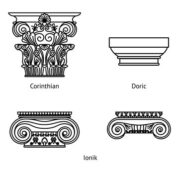Antique set of Greek historical capitals for Calon: Ionic, Doric and Corinthian capitals Vector line illustration