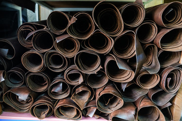 Genuine raw vegetable tanned leather in leather store