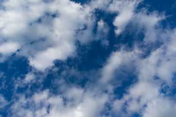 White clouds blue sky. White cumulus clouds against a blue sky. Cloudy sky background.