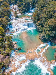 Aerial view of the majestic turquoise waterfalls at Agua Azul in Chiapas, Mexico