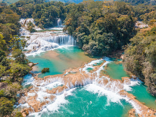 Aerial view of the majestic turquoise waterfalls at Agua Azul in Chiapas, Mexico