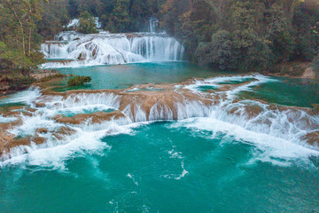 Aerial view of the majestic turquoise waterfalls at Agua Azul in Chiapas, Mexico