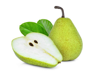 whole and half green packham pear with green leaf isolated on white background
