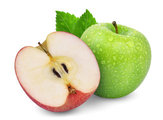 green whole apple and half red apple with green leaf isolated on white background