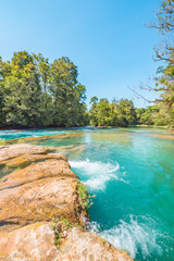 Panoramic view of the turquoise waterfalls at Agua Azul in Chiapas, Mexico