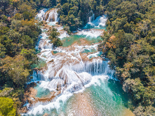Aerial view of the majestic turquoise waterfalls at Agua Azul in Chiapas, Mexico