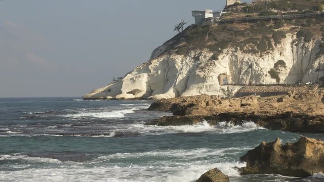 Israel border with Lebanon.The Grottoes rock Of Rosh Hanikra, look like a muzzle of a mythical monster in North Galilee,