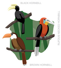 Bird Brown Hornbill Set Cartoon Vector Illustration