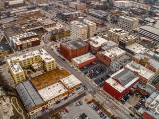 Aerial View of Downtown Springfield, Missouri on a Cloudy Winter Day