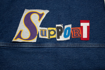 SUPPORT word collage from cut out tee shirt letters, copy space, customer service, horizontal aspect