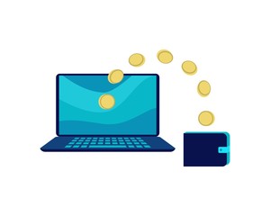  Laptop, gold coins and wallet. Pay per click, make money online concepts.