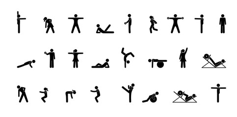 stick figures people do gymnastics set of silhouettes exercise pictogram man