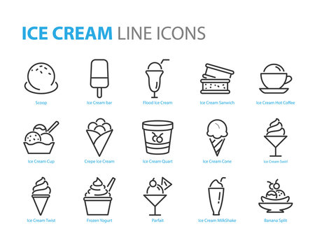 set of ice cream icons, such as  parfait, frozen yogurt, ice cream sundae, vanilla, chocolate