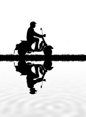 Silhouette biker with his classic bike  on white background