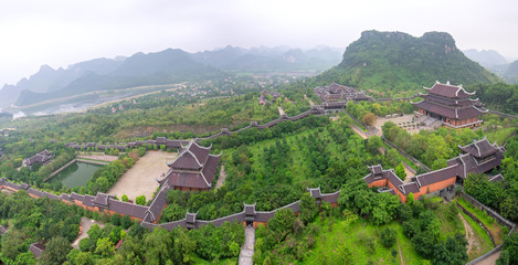 Landscape of Bai Dinh temple complex from above is one of the biggiest and largest temple Southeast Asia in Ninh Binh, Vietnam.
