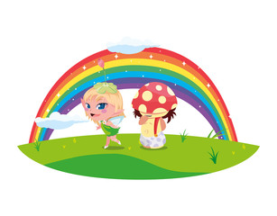 Obraz na płótnie Canvas beautiful magic fairy and fungu elf with rainbow scene