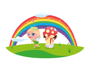 beautiful magic fairy and fungu elf with rainbow scene