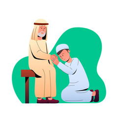 Children Apologize to Parent, Eid Mubarak Tradition Forgive Each Other Illustration Cartoon