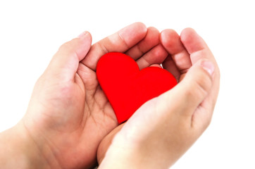 Fototapeta premium Red heart in the children's palms, isolated on white background. Close-up.