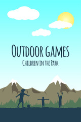 Children play ball outdoors. Silhouettes of boys on the background of mountain and forest landscape. Template poster game in the Park and outdoor activities. Workout  in nature. Kid's football game.