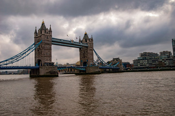 London skyline on the river thames with tower bridge with water