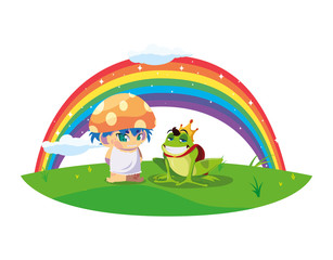 Obraz na płótnie Canvas toad prince and fungu elf with rainbow