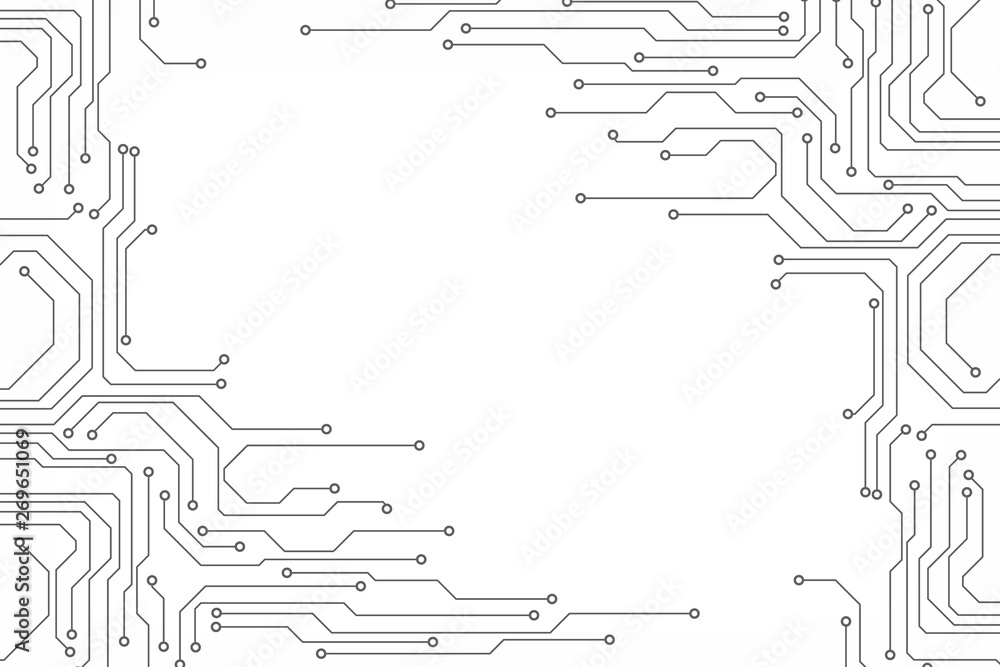 Poster Circuit Board Technology Information Pattern Concept Vector Background. Grayscale Color Abstract PCB Trace Data Infographic Design Illustration.
