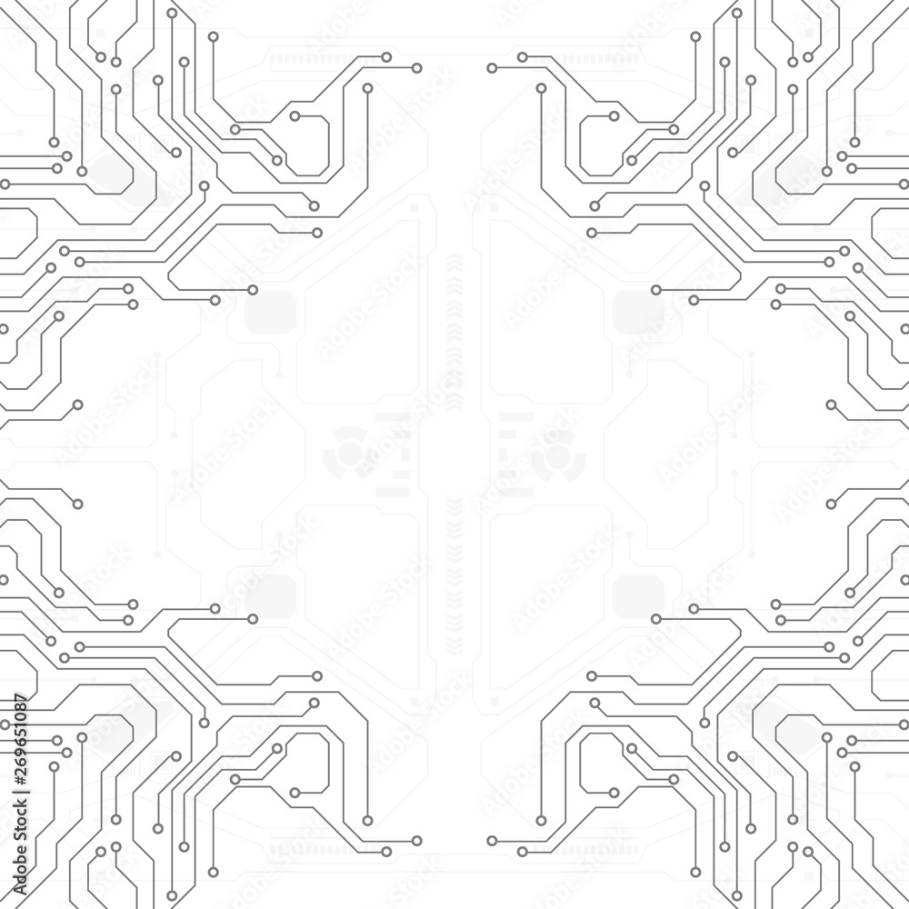 Aufkleber Circuit board grayscale tone futuristic digital technology communication system background template vector design. HUD element technology control panel texture illustration.
