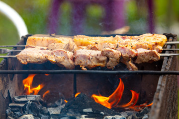 Meat on skewers fried on the grill
