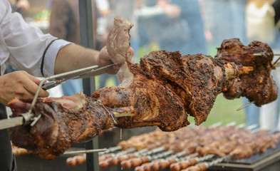 Meat on skewers fried on the grill
