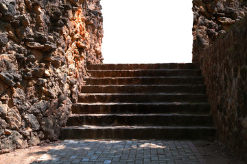 empty outdoor with sky blue, rock wall and wooden floor