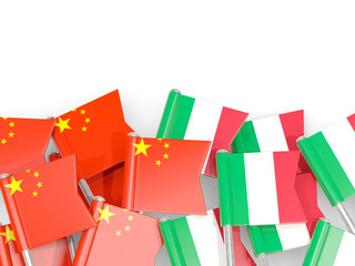 Pins with flags of China and italy isolated on white.