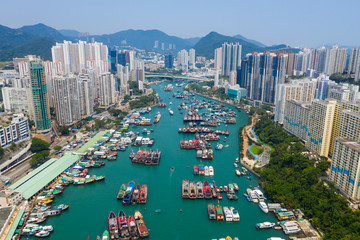 Fototapeta na wymiar Top down view of Hong Kong fishing harbor port in Aberdeen