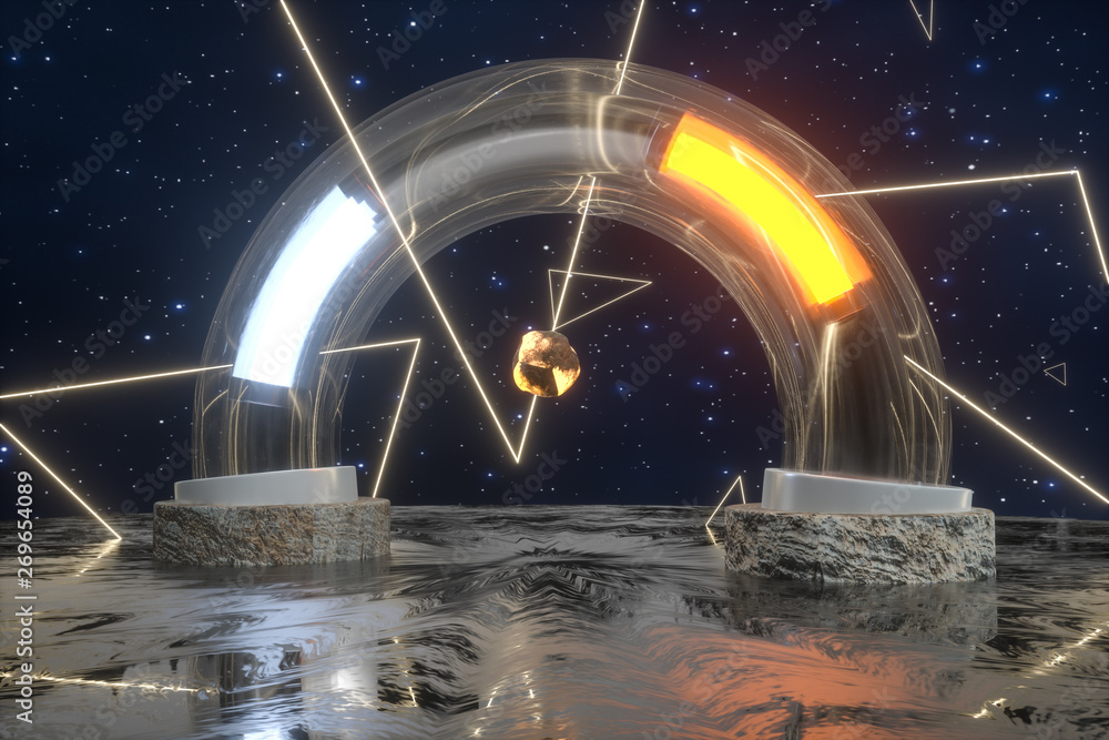 Poster 3d rendering, scientific mechanical ring in the outer space.
