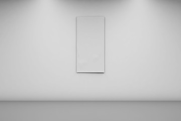 Blank Banner 1 x 2 on a white wall. Vertical banner in an empty room. 3d illustration, front view.