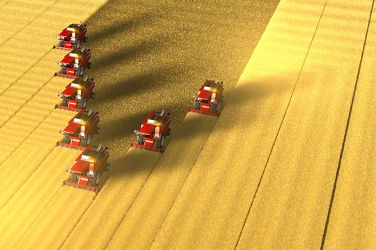 Many red wheat harvesters work on the huge orange field - view from above in aero photography style, industrial 3D illustration