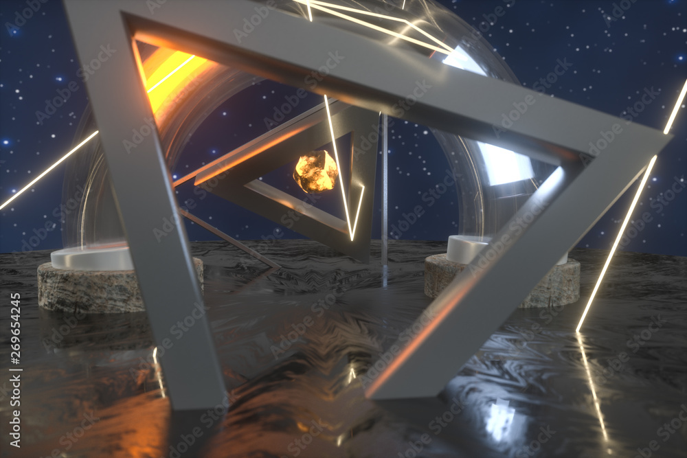Poster 3d rendering, scientific mechanical ring in the outer space.