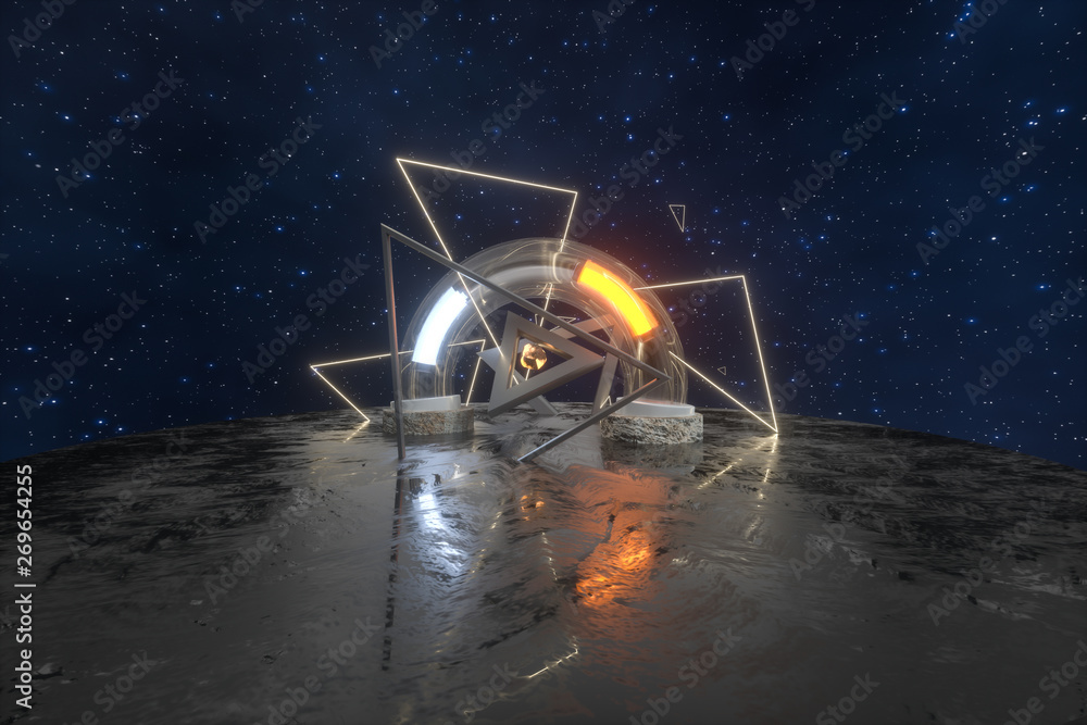 Poster 3d rendering, scientific mechanical ring in the outer space.