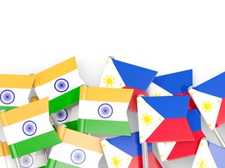 Pins with flags of India and philippines isolated on white.