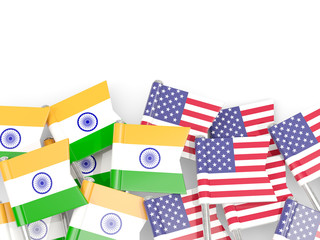 Pins with flags of India and United States isolated on white.